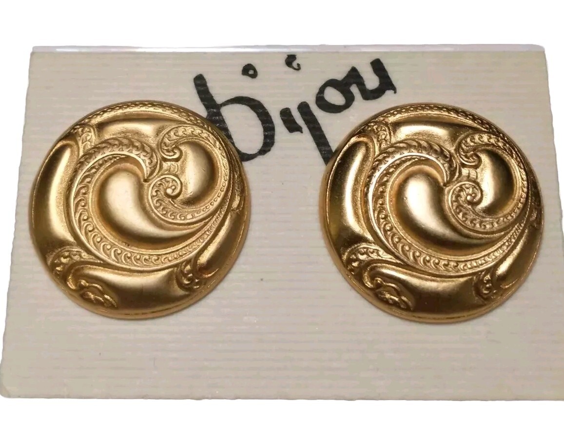Vtg Earrings 80’s ART DECO/NOUVEAU CLASSY Swirled BRUSH Matte GOLDTONE RARE Clip