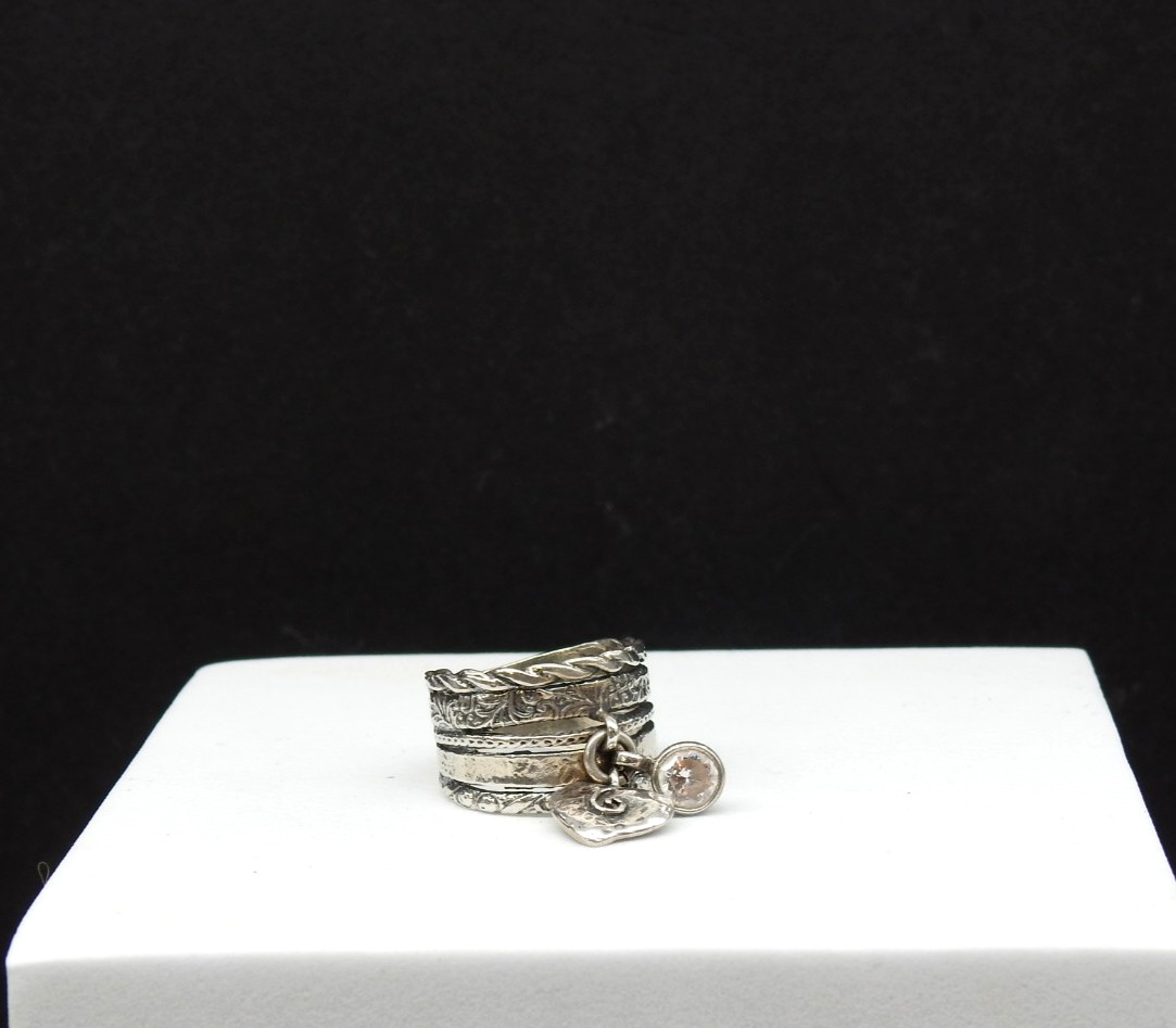 Israel 925 Sterling Silver Multi Band Heart CZ Dangle Charm Ring Size 9 Artisan