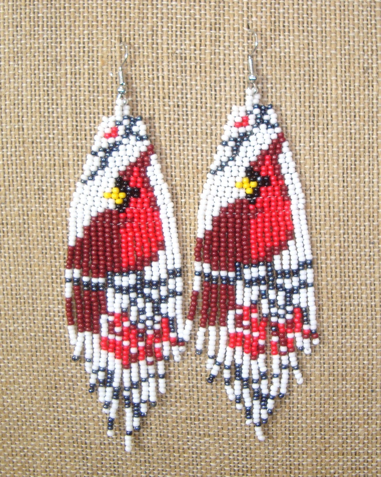 NEW! Handcrafted Red and White Beaded Cardinal Earrings