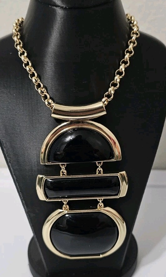 Chicos Gold Black Enamel Statement Necklace Geometric Bib Pendant Rolo Chain 24″