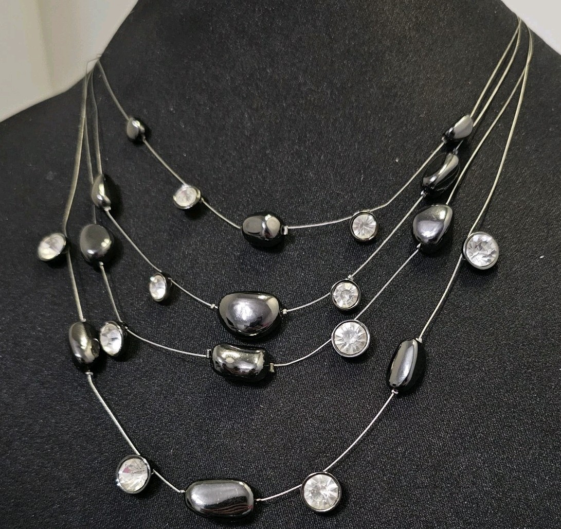 Chicos Multi Strand Illusion Necklace Black Metallic Beads Clear Rhinestones Wow