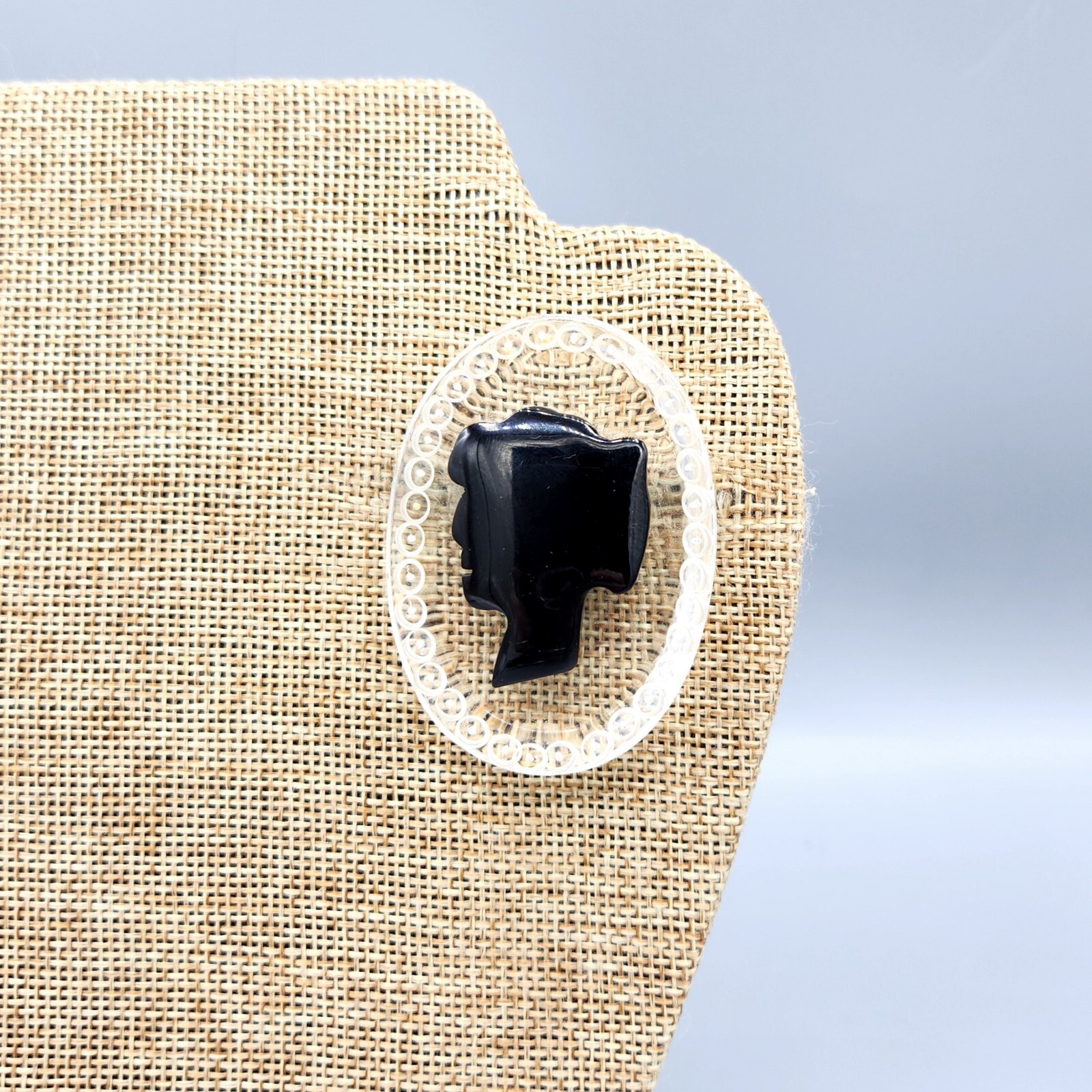 Vintage Unsigned Clear Black Lucite Cameo Oval Brooch Pin