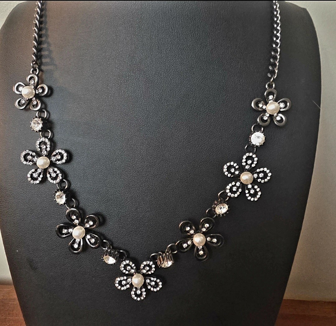 Black, Gun Metal, Faux Pearls And Rhinestone Flower Necklace