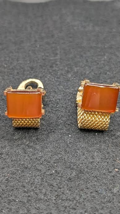 Vintage Mesh Chain Gold tone Modernist Square Clear Brown Stone Cuff Links