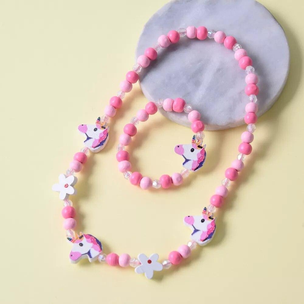 Colorful Wooden Unicorn Flower Animal Child Necklace Bracelet Girls gift Jewelry