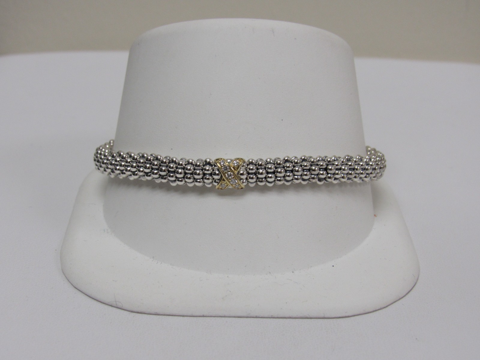 Designer LAGOS Sterling Silver 18K Diamond Pave’ Embrace Caviar Beaded Bracelet