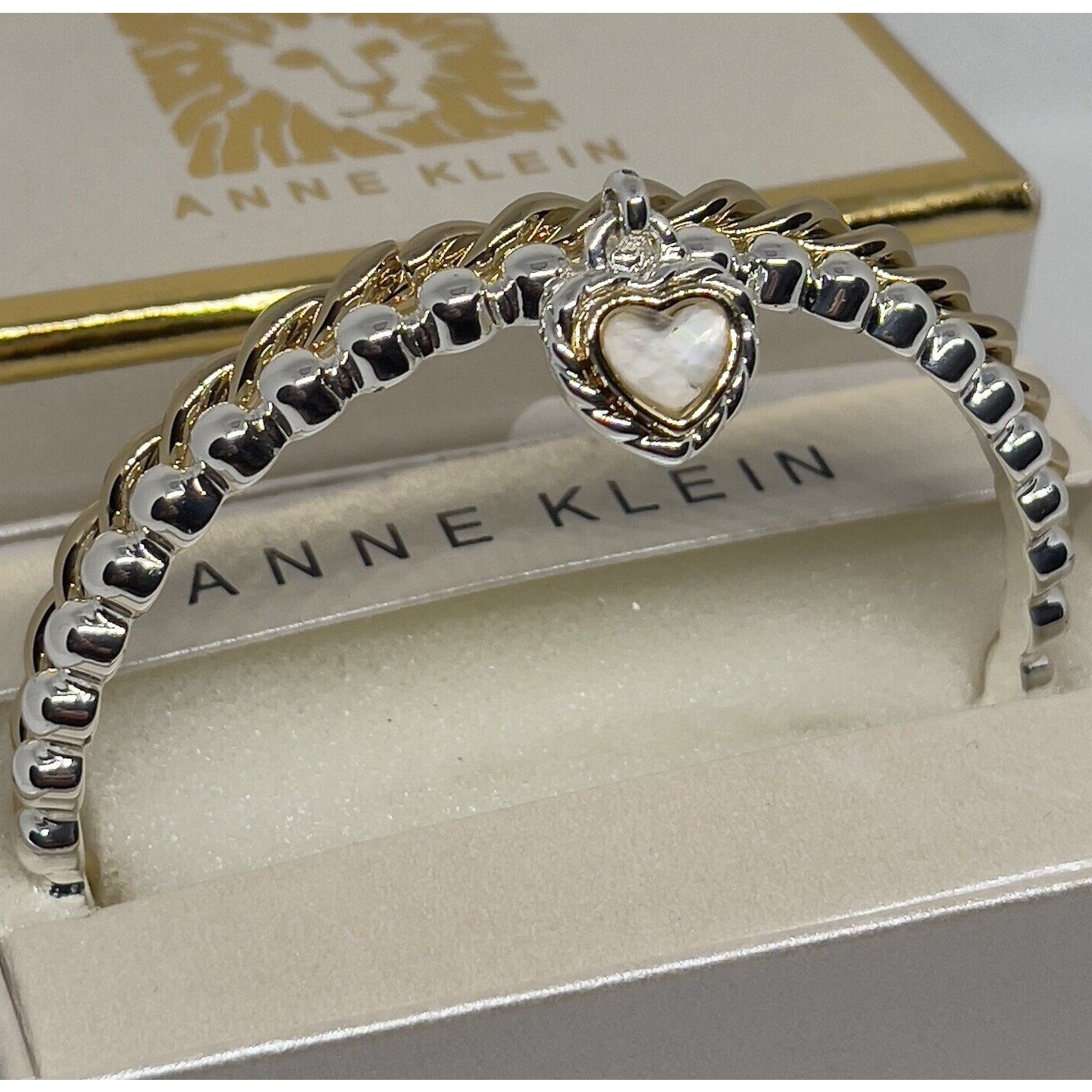 Anne Klein Gold Tone Bracelet (2 Piece Set) Crystal Heart Bangle Style Chic NWT
