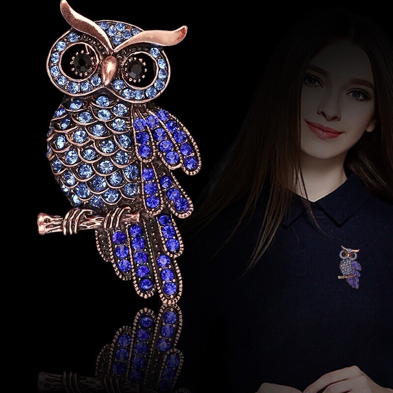 Gift Classic Luxury Owl Bird Gold Tone Brooch Pin Blue Rhinestone Crystal