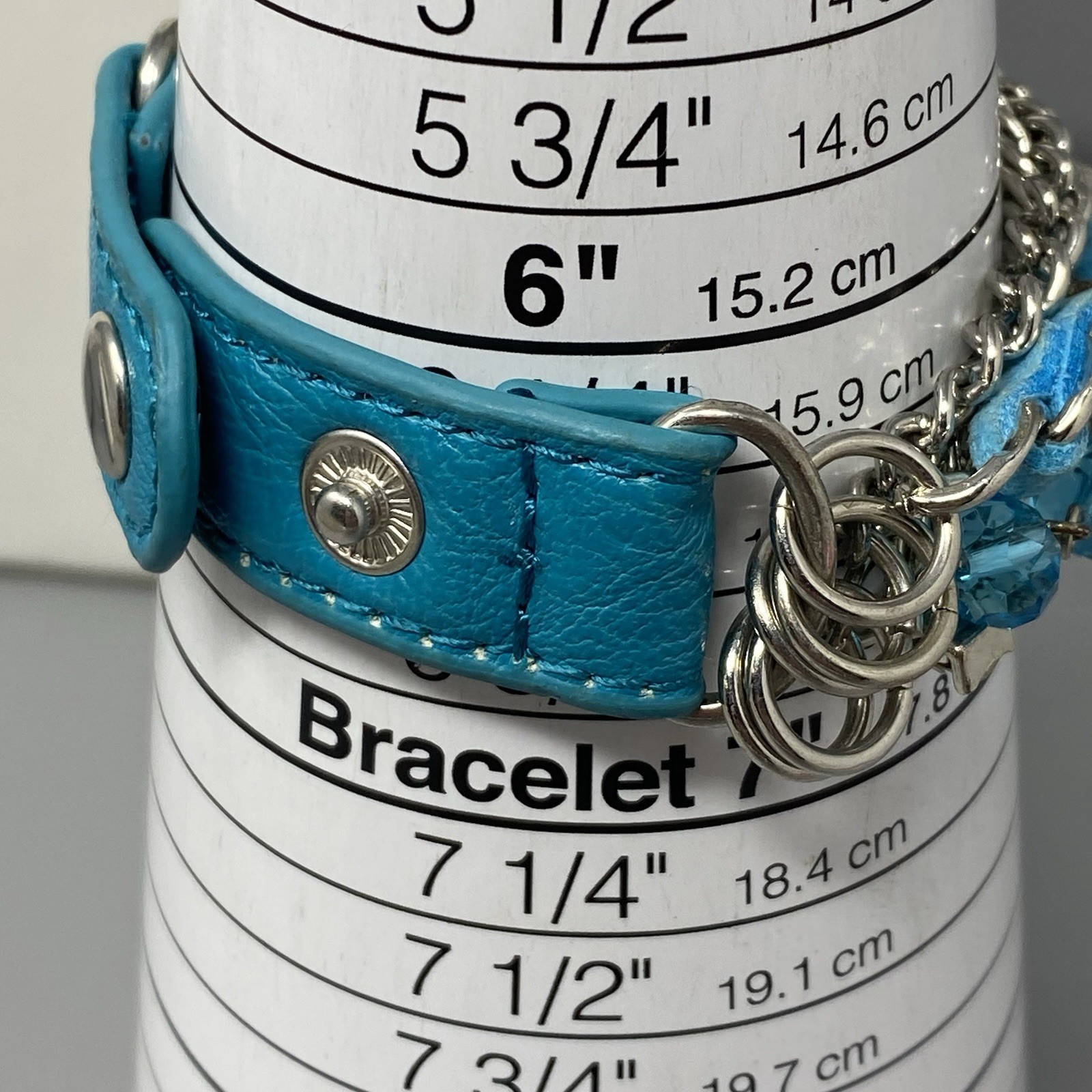 Layered Blue Glass Bead Bracelet Silver Tone Metal Chain Button Snap Punk 6.5″