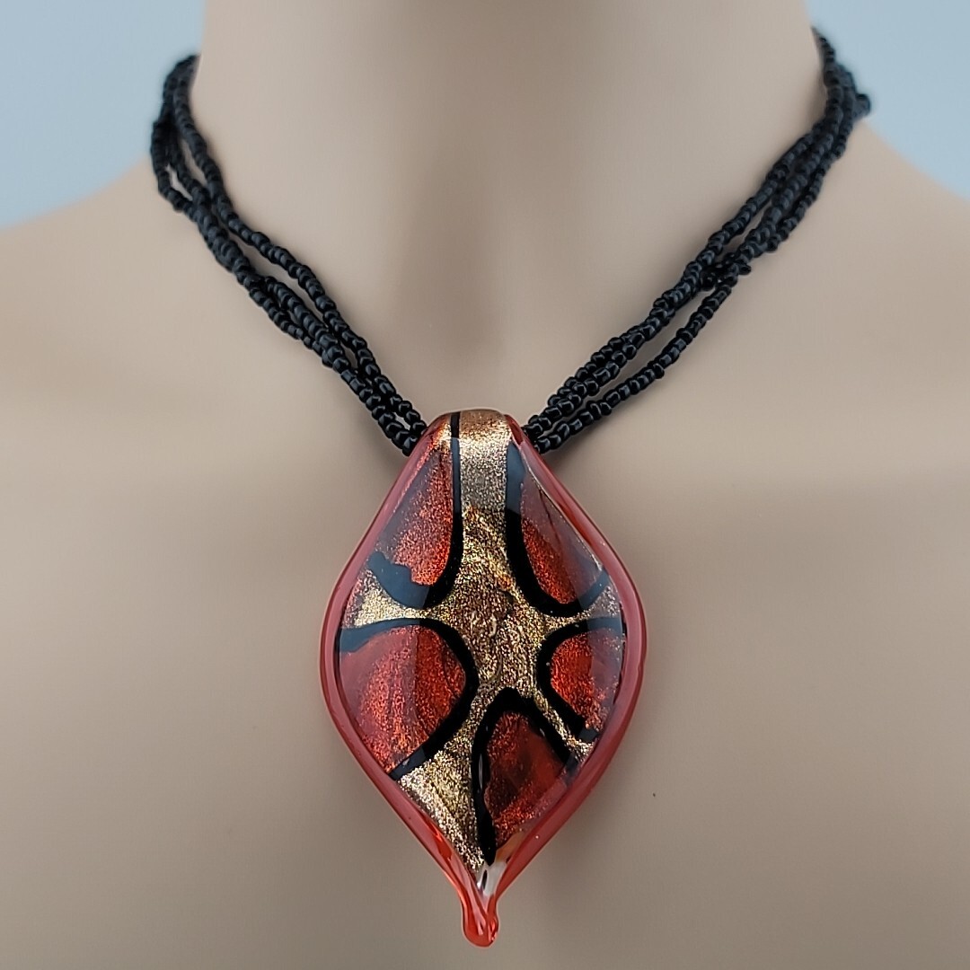 Red Gold Dichroic Art Glass Pendant Black Seed Bead 16-18″ Necklace