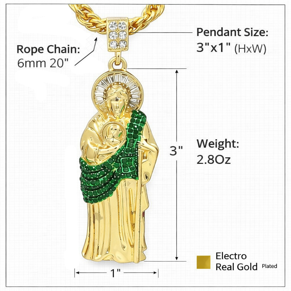 14K Gold Plated San Judas Pendant Necklace with Iced Out CZ, Rope Chain Large GR