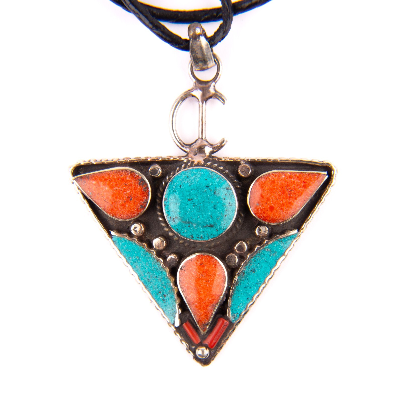 Tibetan Pendant, Tazerzit Pendant, Turquoise Stone Amulet Coral, Handmade