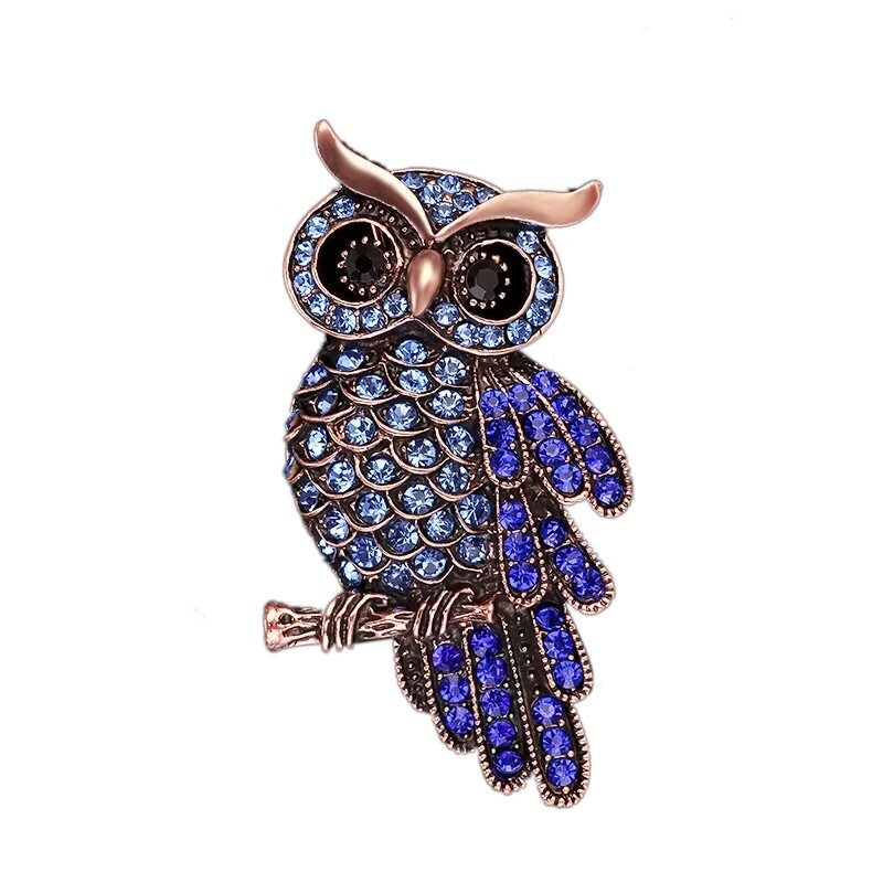 Gift Classic Luxury Owl Bird Gold Tone Brooch Pin Blue Rhinestone Crystal