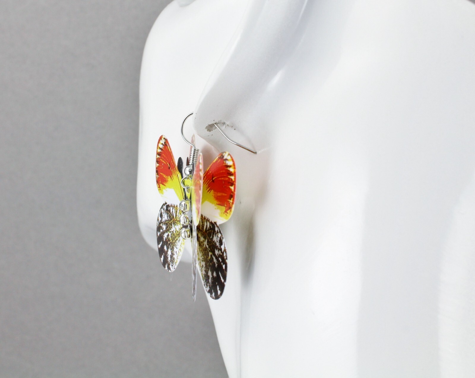 Red Yellow Black butterfly earrings 3D dangle 1 5/8″ long Very lightweight wings