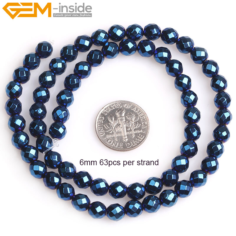 Round Blue Metallic Coated Hematite Faceted Stone Loose Beads Jewelry Making 15‘