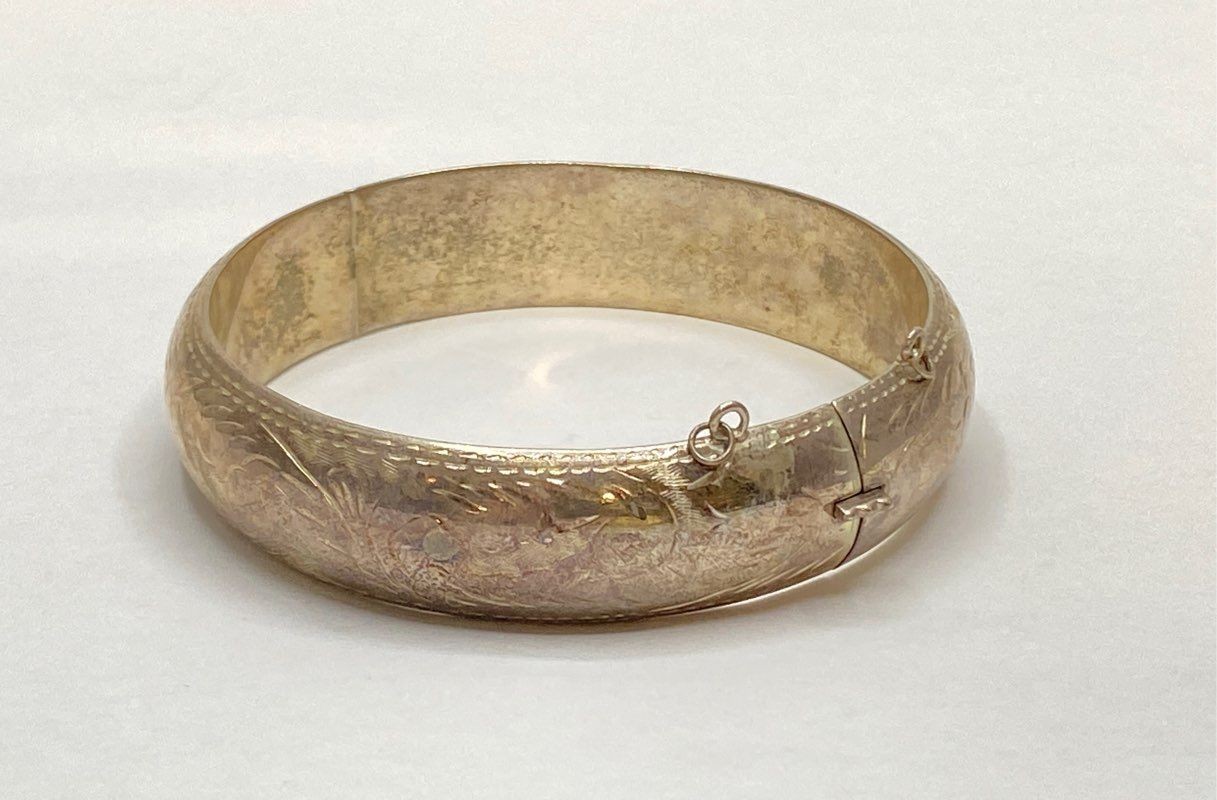 Sterling Silver 925 Engraved Floral Hinged Bangle Bracelet 7″ Vintage 22.4g