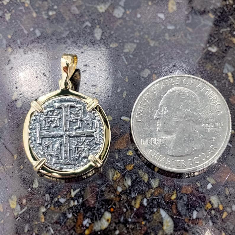 Atocha Shipwreck Silver Coin Pendant Solid 14k Gold Frame Museum Quality
