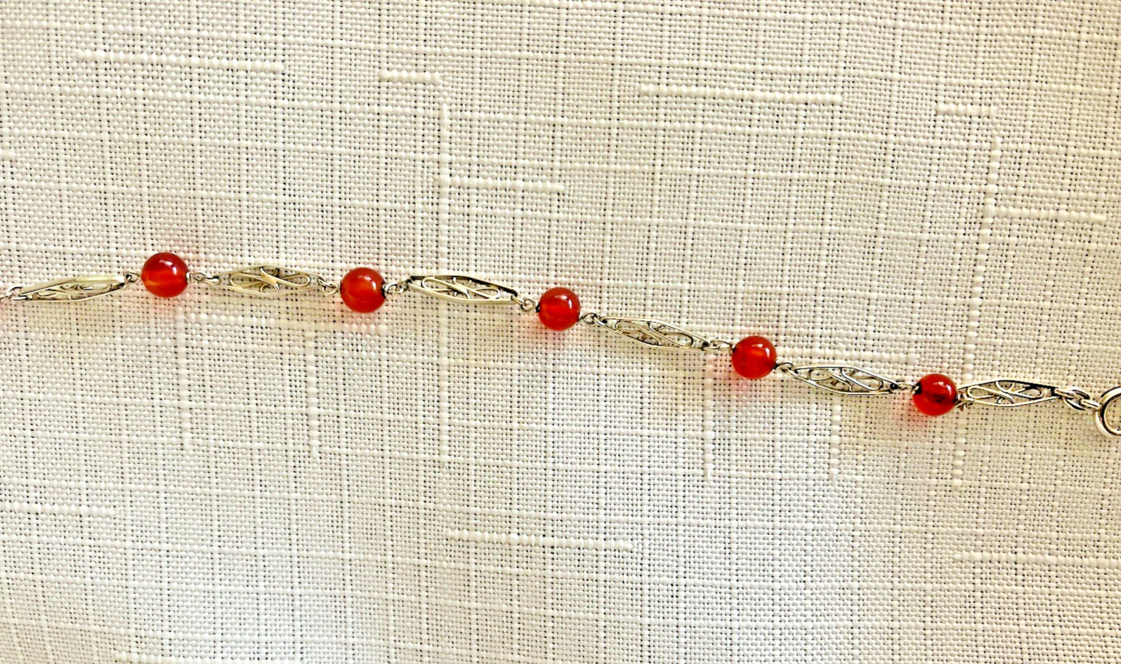 Dainty 10K White Gold Spessartine Garnet Bead Filigree Link Bracelet Vintage