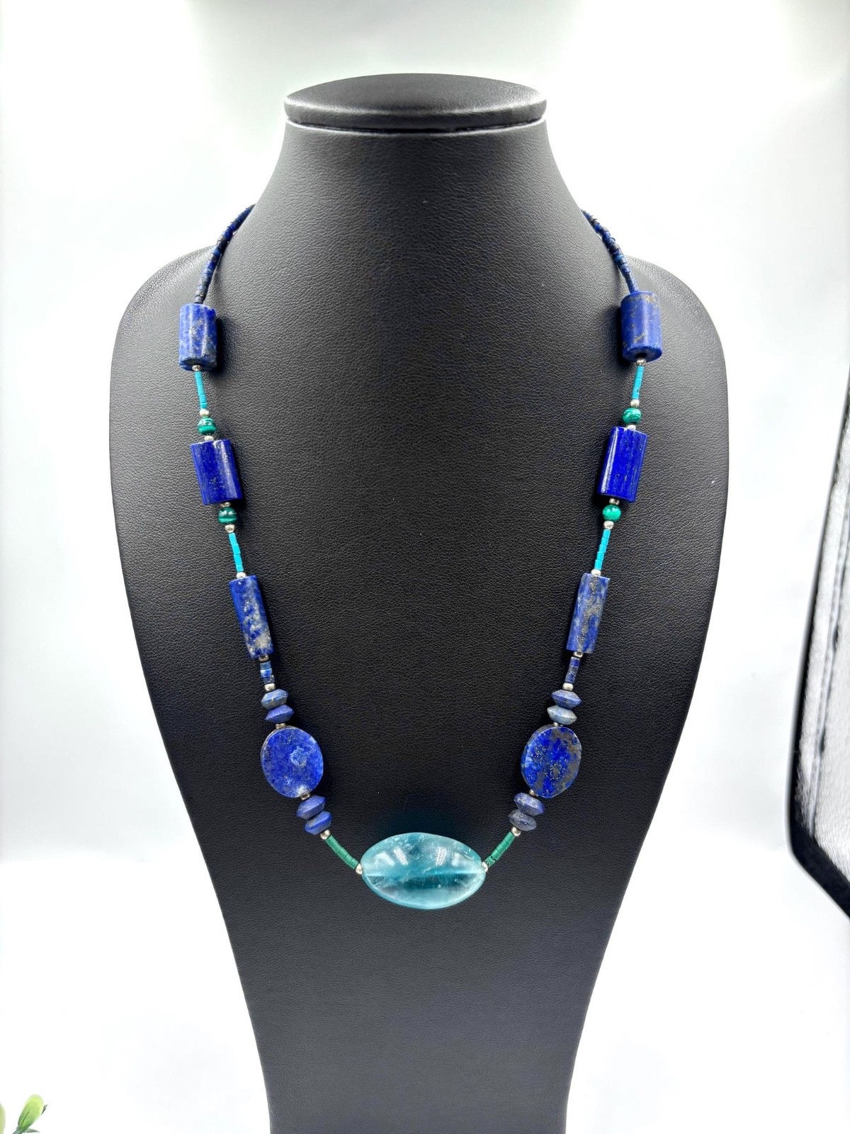 Handmade Lapis Lazuli Fluorite Pendant Necklace Vintage Gemstone Jewelry