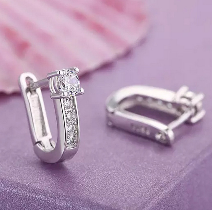 Women Girl 925 Sterling Silver CZ U Shape Hoop Earrings S925 Stamped Gift K6