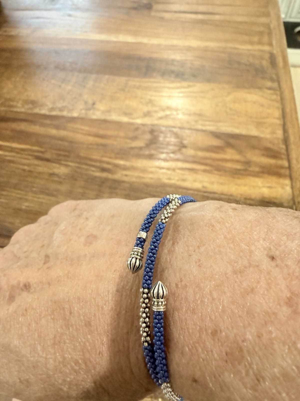 LAGOS Signed Blue & Silver Multi-Strand Beaded Bracelet Hook Closure