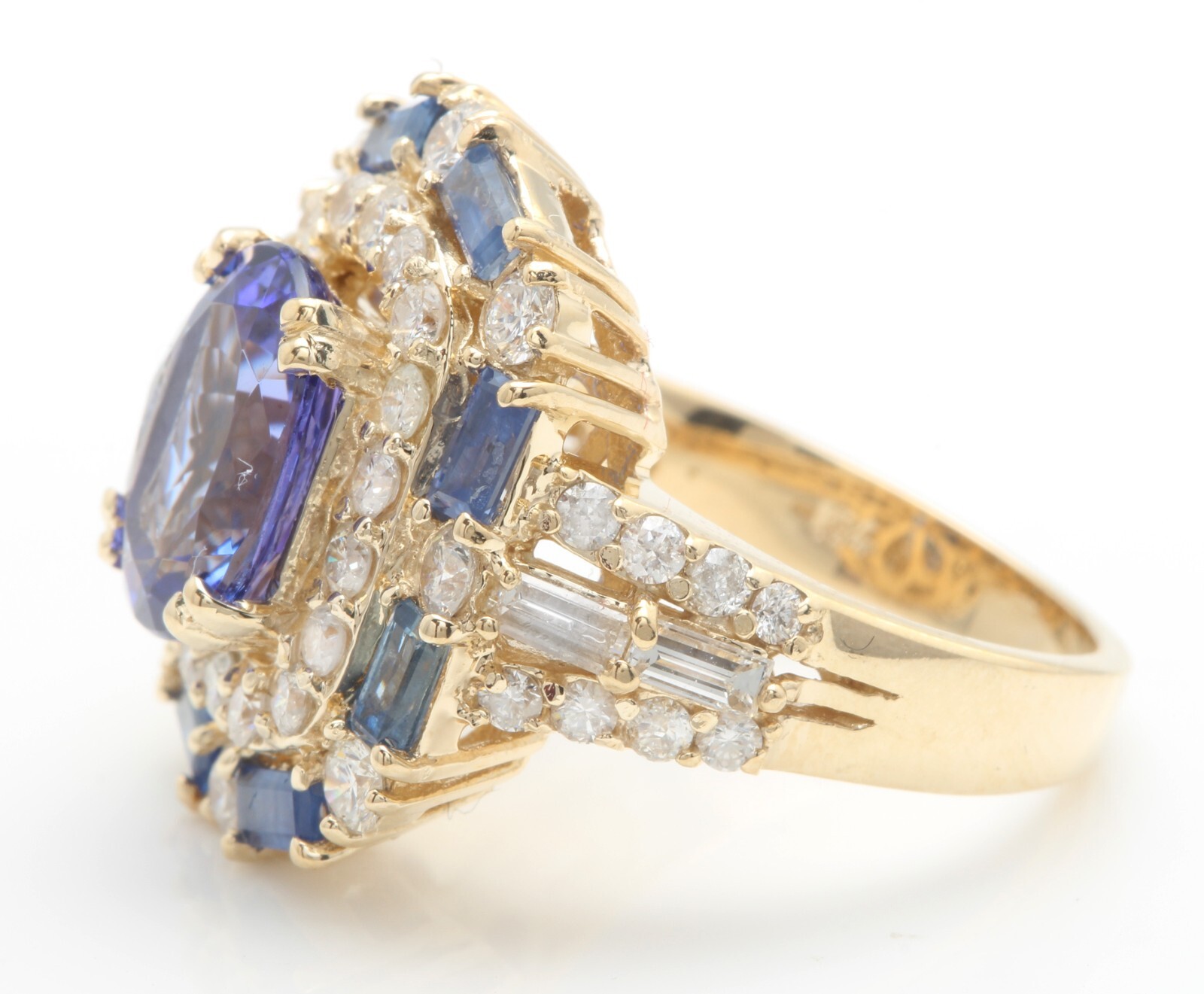 6.80 Carat Natural Blue Tanzanite and Diamonds in 14K Solid Yellow Gold Ring