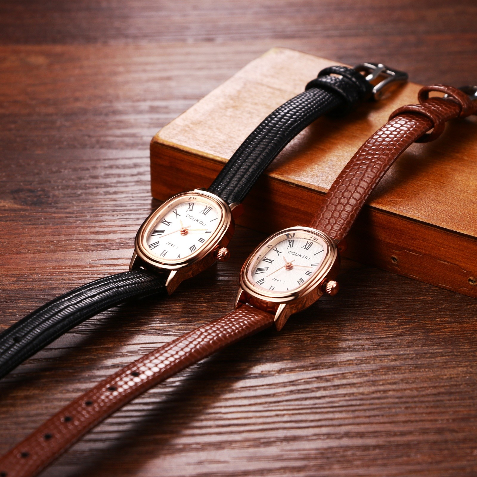 Womens Ladies Small PU Leather Strap Roman Numerals Oval Dial Quartz Wrist Watch
