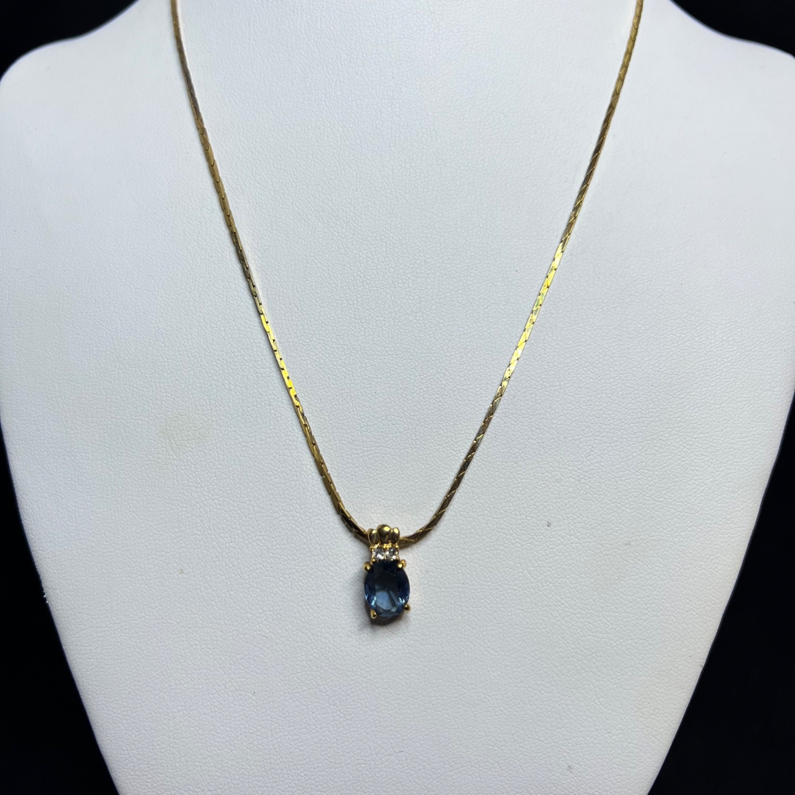 Vintage Gold Tone Triangle Chain Necklace With Blue & Clear Rhinestones (3372)