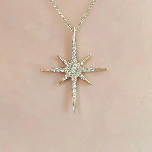 Real Moissanite 2Ct Round Cut North Star Pendant 14K Yellow Gold Plated F/Chain