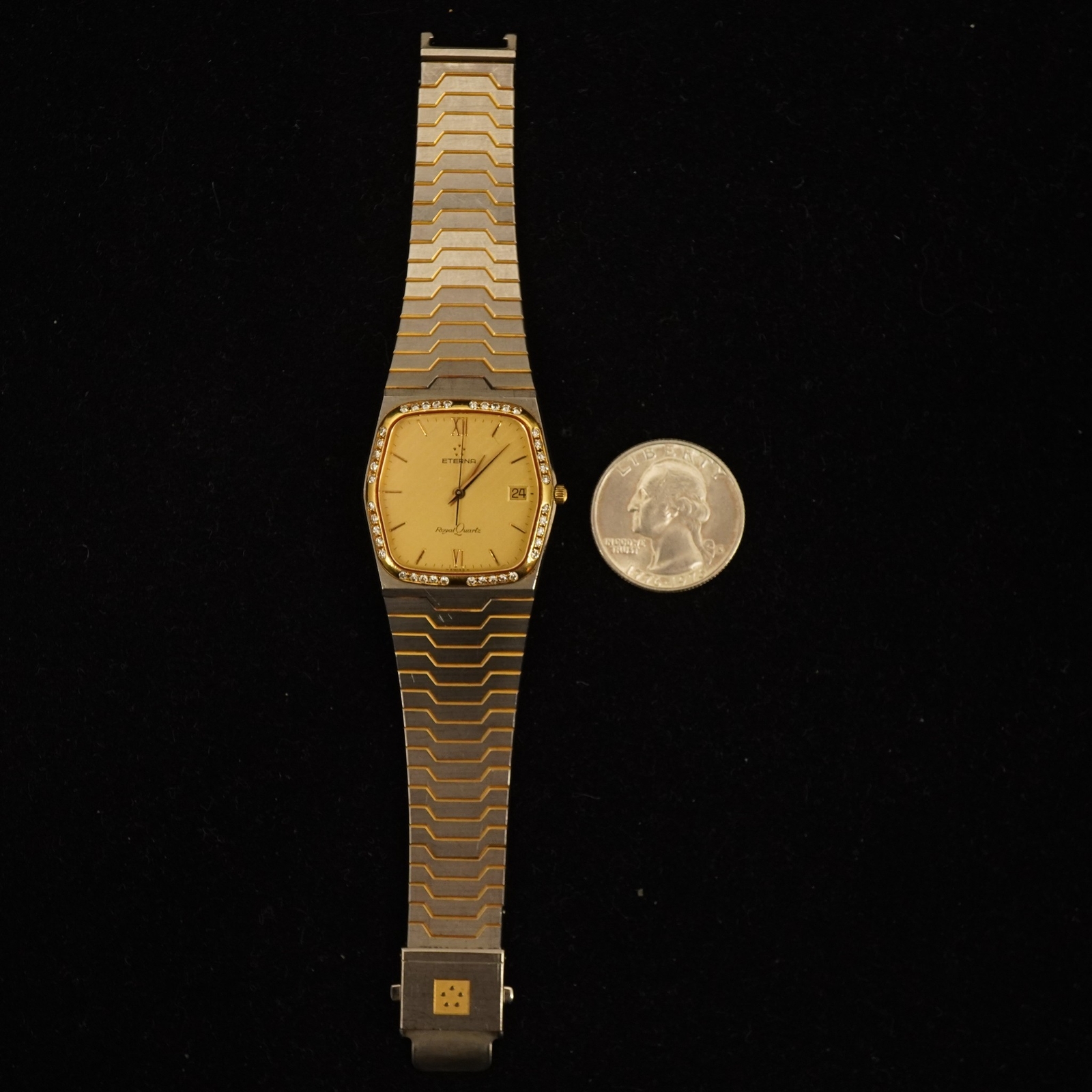 Vintage Eterna Royal Quartz Men’s Watch, Yellow Gold & Diamond Bezel, Keeps Time