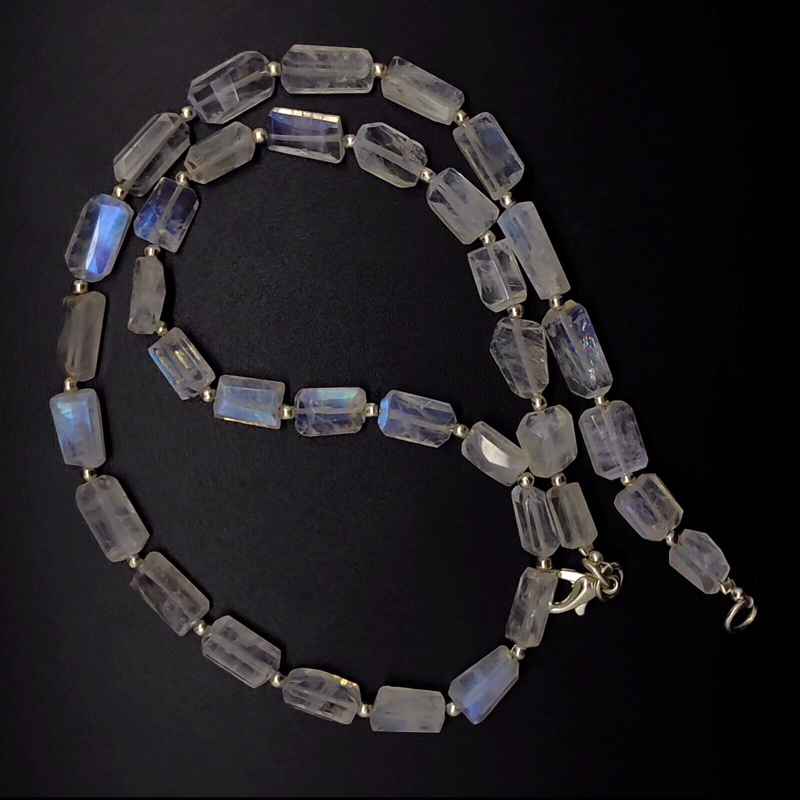 Blue Fire Rainbow Moonstone Gem 8 to 10mm Size Faceted Nugget Beads Necklace 17″