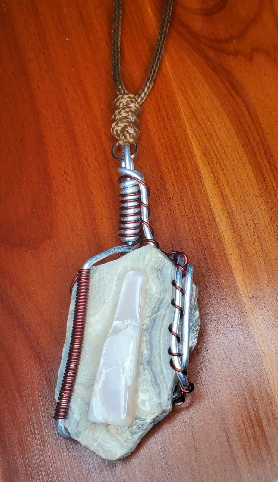 Polished Sunstone & Raw Ocean Jasper Pendant Necklace In Aluminum & Copper Wire