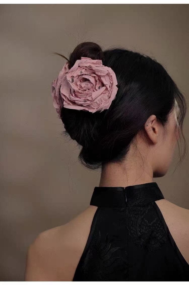 Oversized Floral Acrylic Hair Claw, Hand Painted Fabric Flower Hair Clip 4 Color
