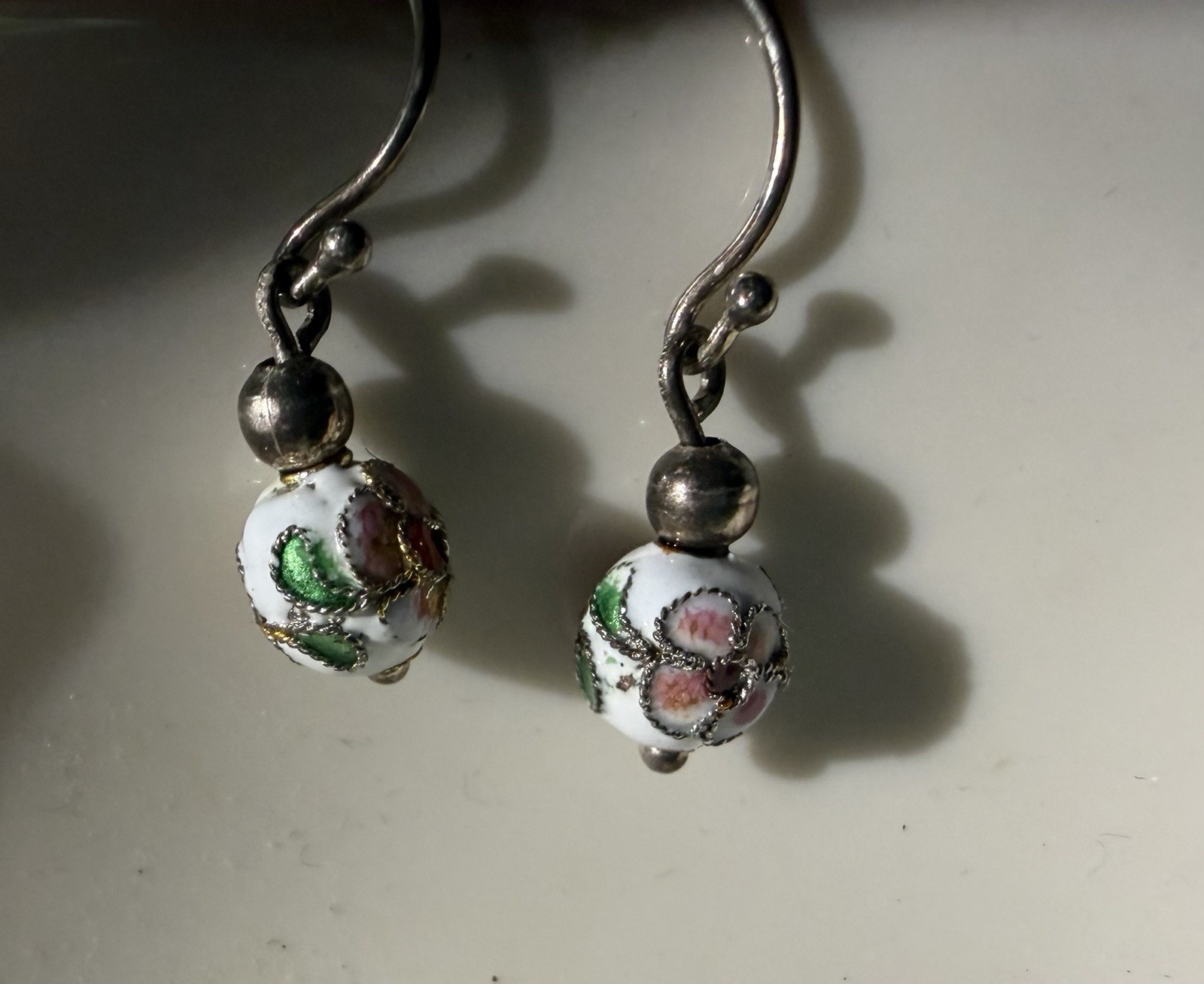 Dainty Vintage Cloisonné Bead Earrings Dangle, Pierced Ears, Classic Jewelry
