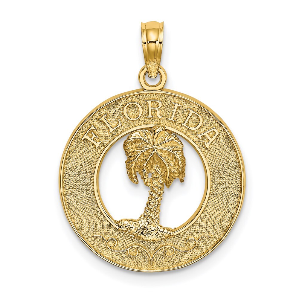 14K Yellow Gold FLORIDA Palm Tree Circle Charm Pendant 1.9gm L-24.7mm W-19.1mm
