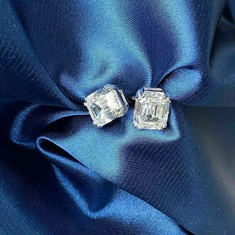 4Ct Asscher Cut Lab Created Diamond Solitaire Stud Earrings 14K White Gold Over