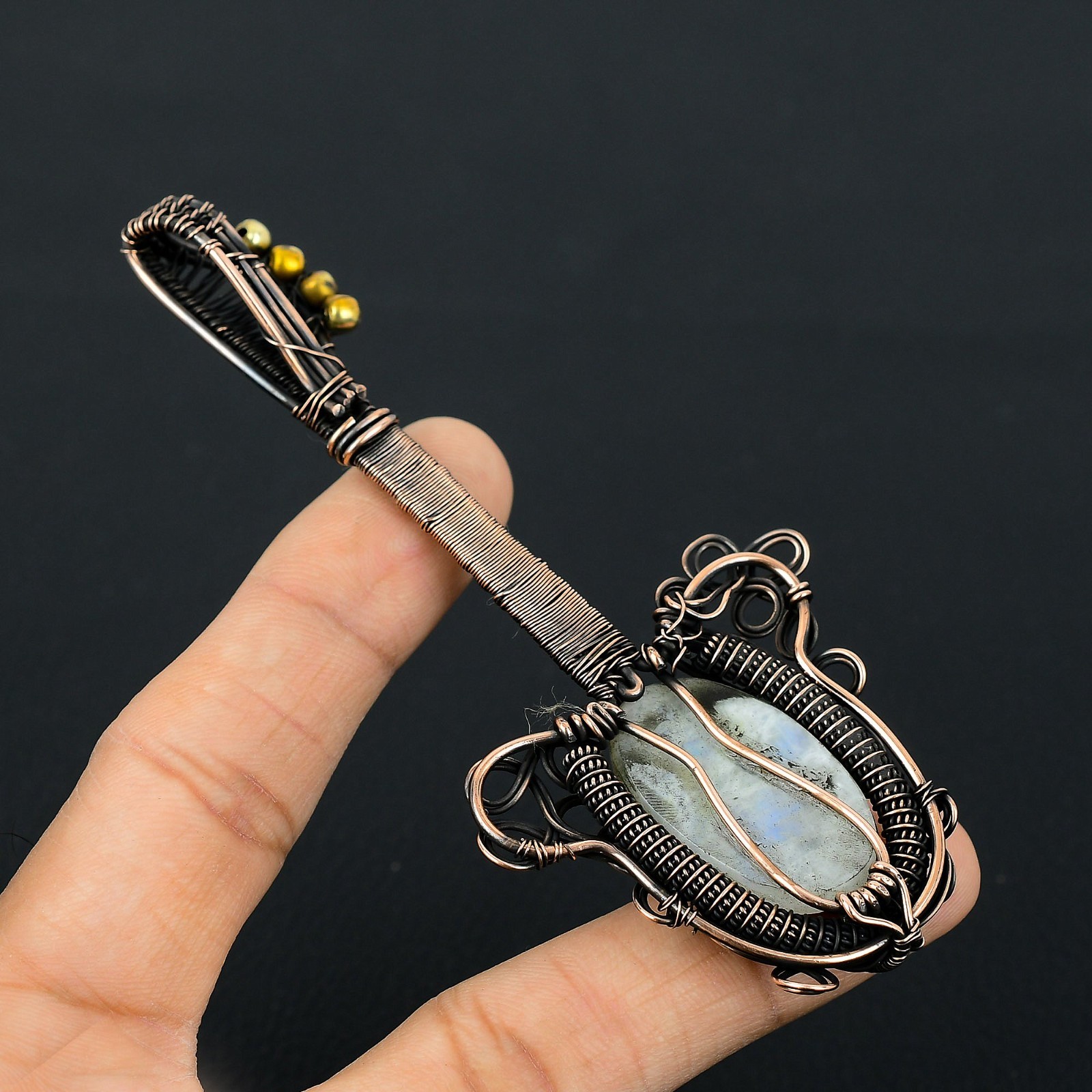 Moonstone Handmade Gemstones Copper Wire Wrapped Guitar Designer Pendant Jewelry