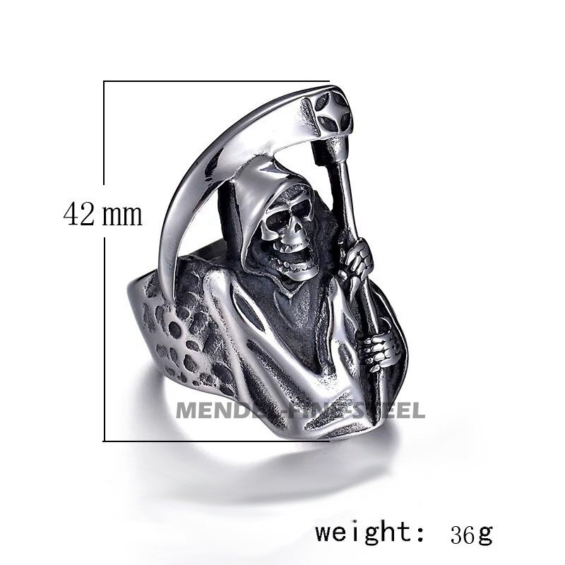 MENDEL Mens Biker Goth Death Skull Grim Reaper Ring Stainless Steel Size 8-15