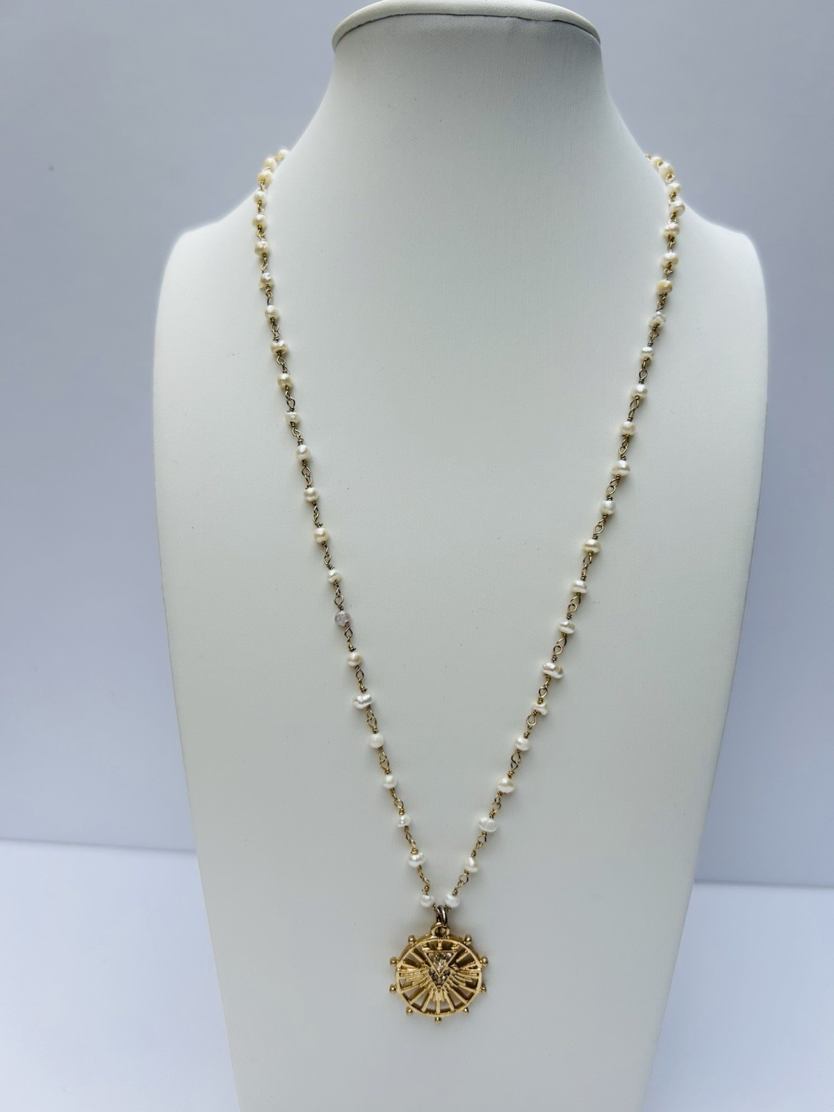 CAbi Gold Tone Pearl Necklace Medallion Pendant Adjustable Statement
