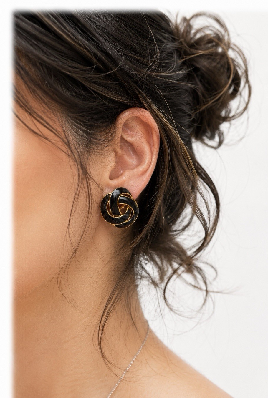 Vintage Napier Signed Black Enamel Gold Tone Interlocking Knot Pierced Earrings