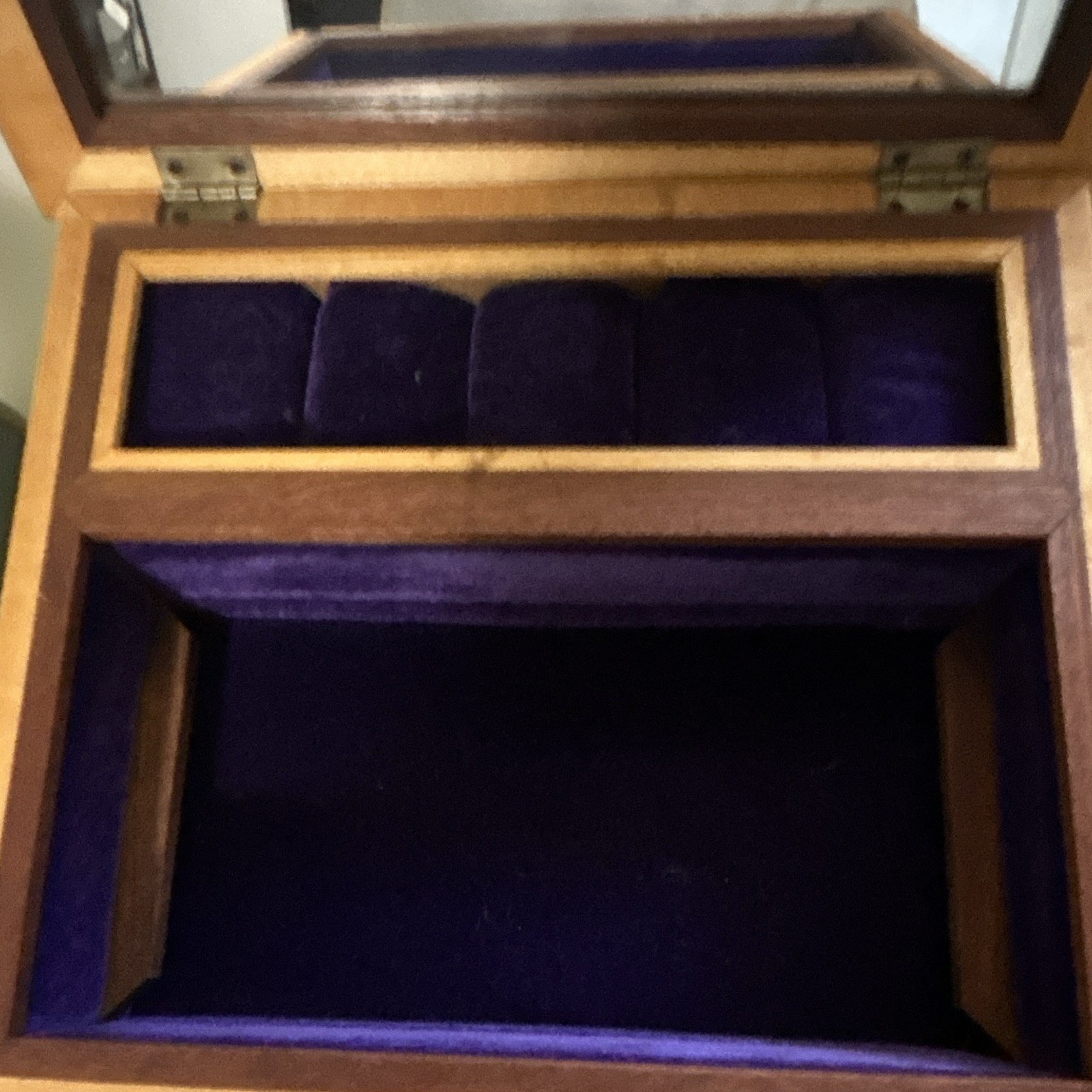 Wood Jewelry Box w/ Mirror Lid, Purple Velvet Lining, Ring Rolls & Drawer