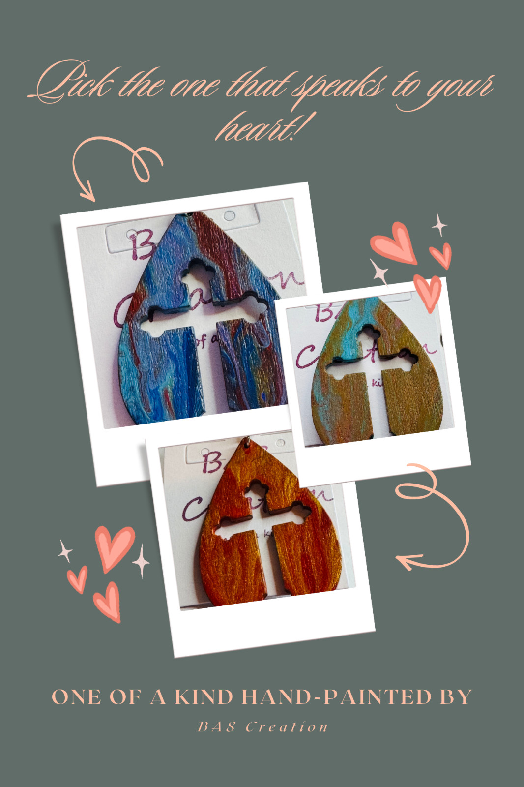 Handcrafted Teardrop Cross Pendant One Of a Kind Hand-Painted by Local Artist