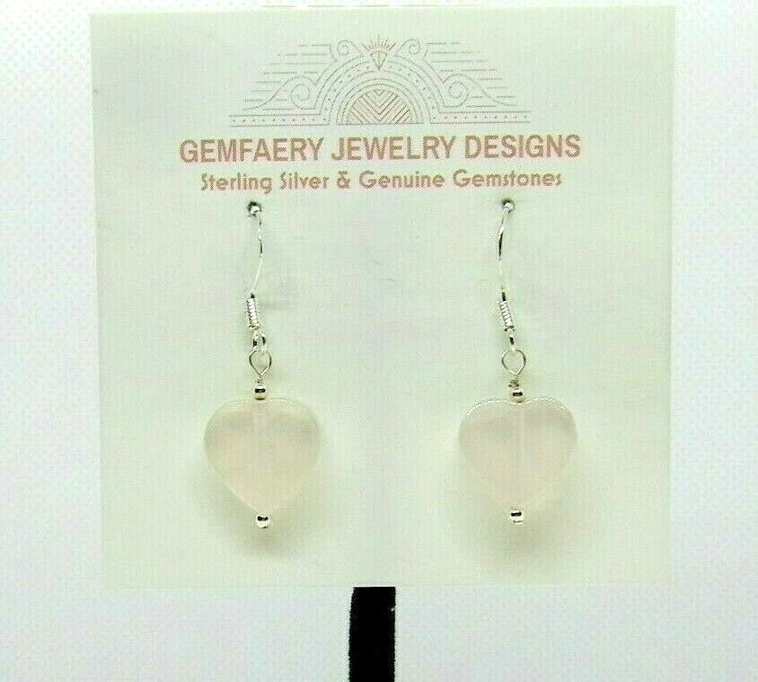 Sterling Silver Carved Natural ROSE QUARTZ Heart Earrings #8324…Handmade USA