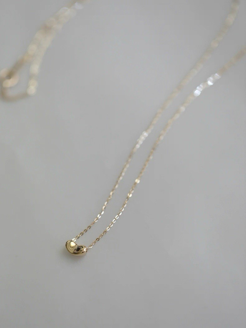 Solid 14K Yellow Gold Bean Pendant Necklace AU585 Stamp, 16.5” Adjustable