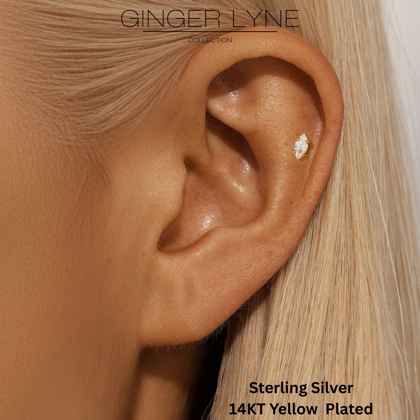 Marquise CZ Flat Back Earrings for Cartilage Helix Tragus Lobe 14Kt Gold Plat…