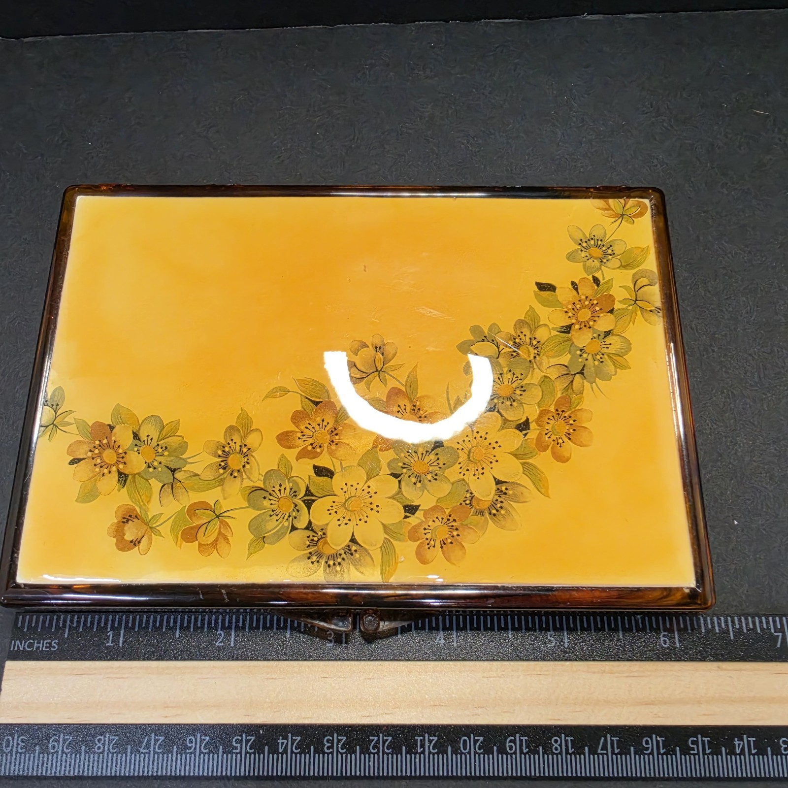 Vintage 1970s Mustard Yellow Floral Lucite Acrylic Jewelry Box Valet Tray…