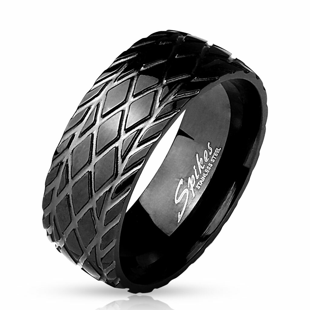 Men’s Ring Black Stainless Steel All Smooth Striped Tire Effect Diamond M4394