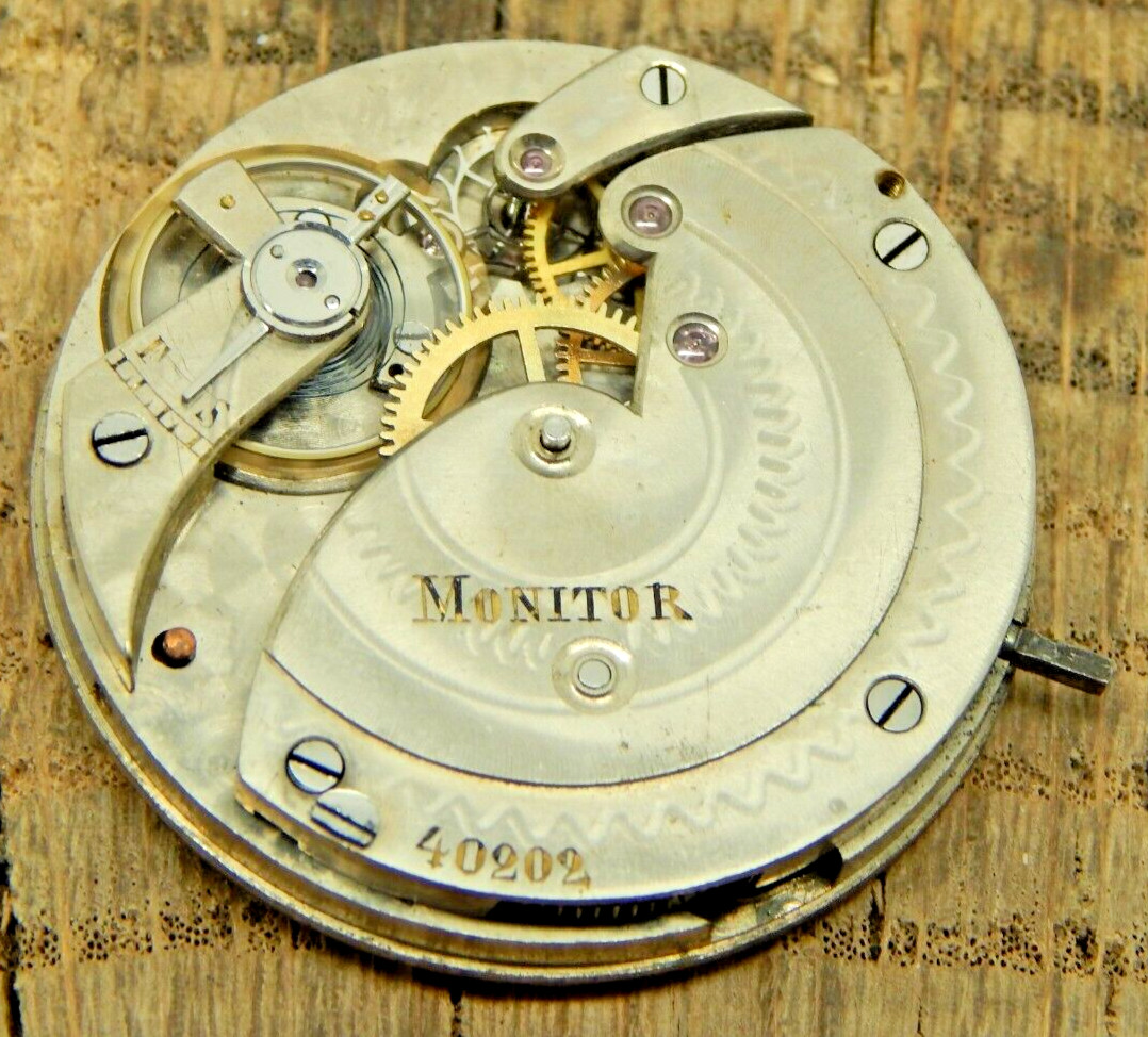 Antique Vintage Monitor Pocket watch movement 35.6mm 15 3/4 L 3/4 plate Running