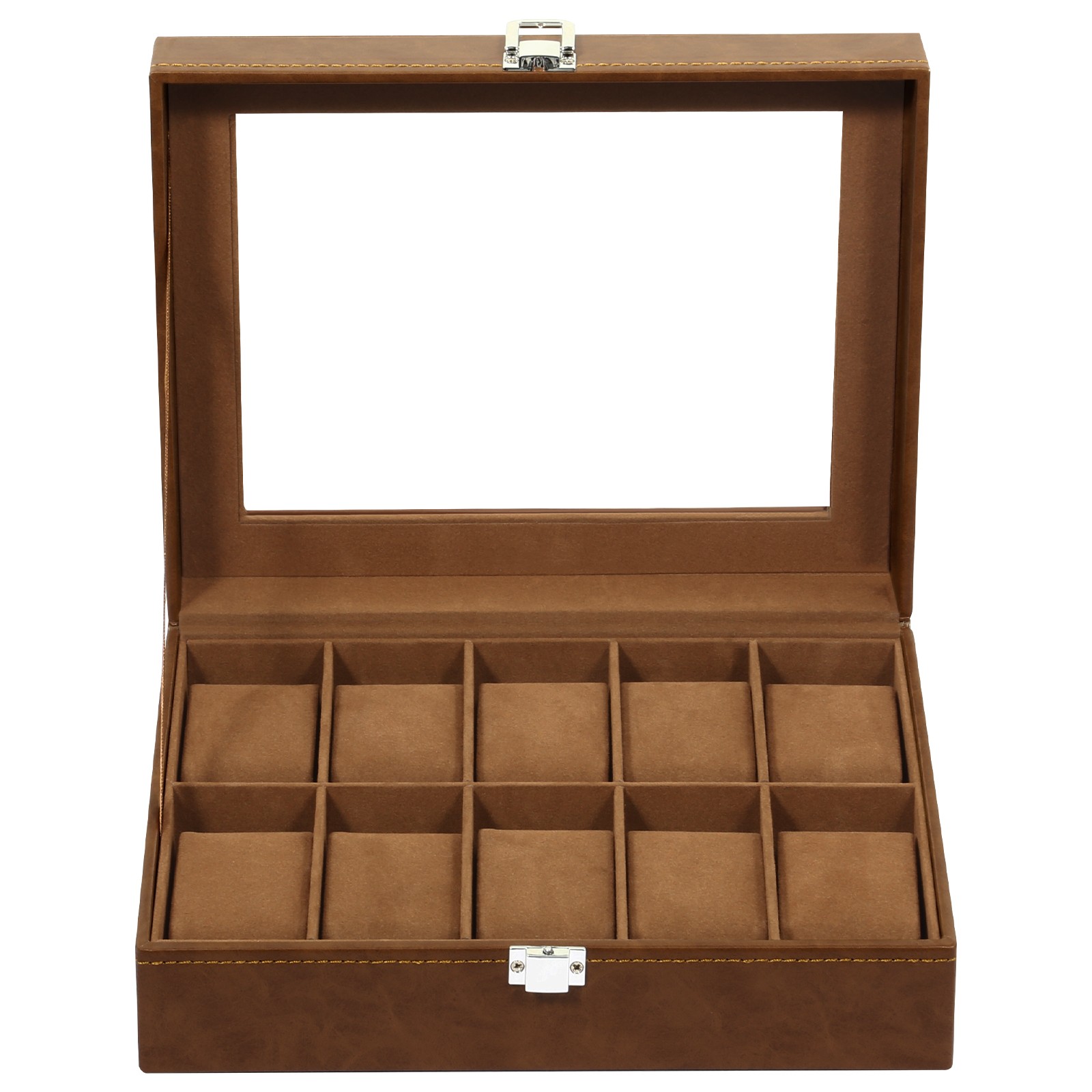 10 Slots Watch Box PU Leather Display Case Jewelry Organizer Box w/Glass Lid NEW
