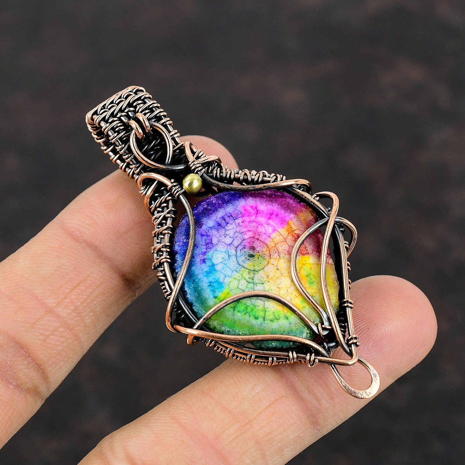 Rainbow Solar Quartz Druzy Copper Gift For Briedsmaid Wire Wrapped Pendant 2.6″